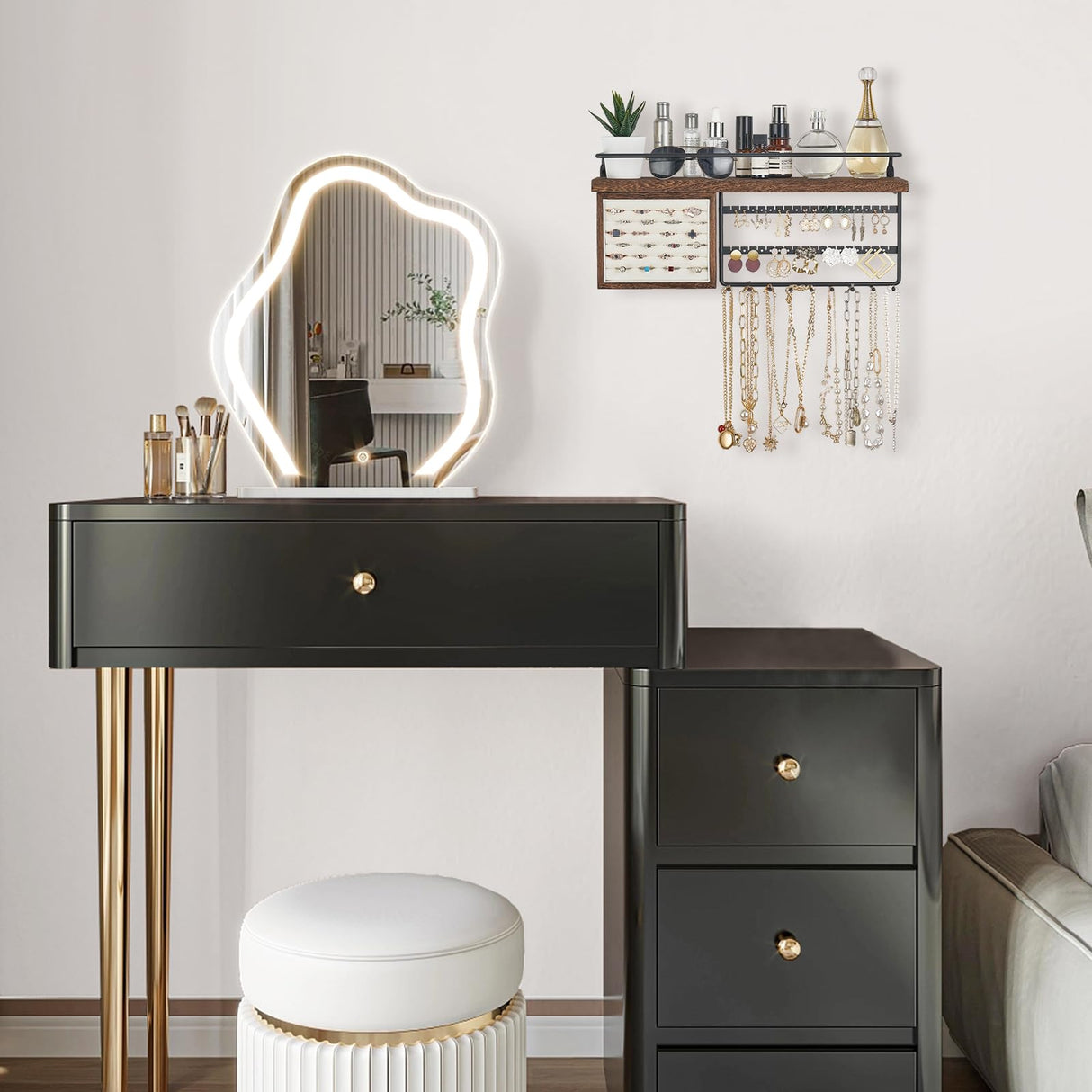 Mkono Hanging Jewelry Organizer Wall Mounted Jewelry Organizer Necklace Holder with Rustic Wood Shelf, Ring Display Box, Ear Studs Earring Holder Bracelet Organizer Mkono