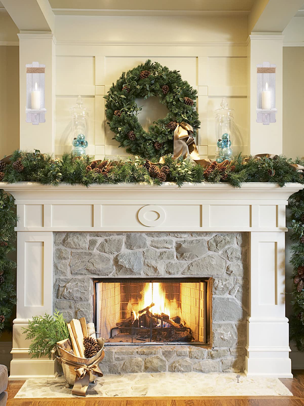 2 PCS Farmhouse Wall Hanging Candle Sconces - Nordic Style Handmade Wooden Wall-Mount Candle Holders Rustic Hanging Wall Sconces for Bedroom Living Room Kitchen Bathroom(Grayish White) Alphatool