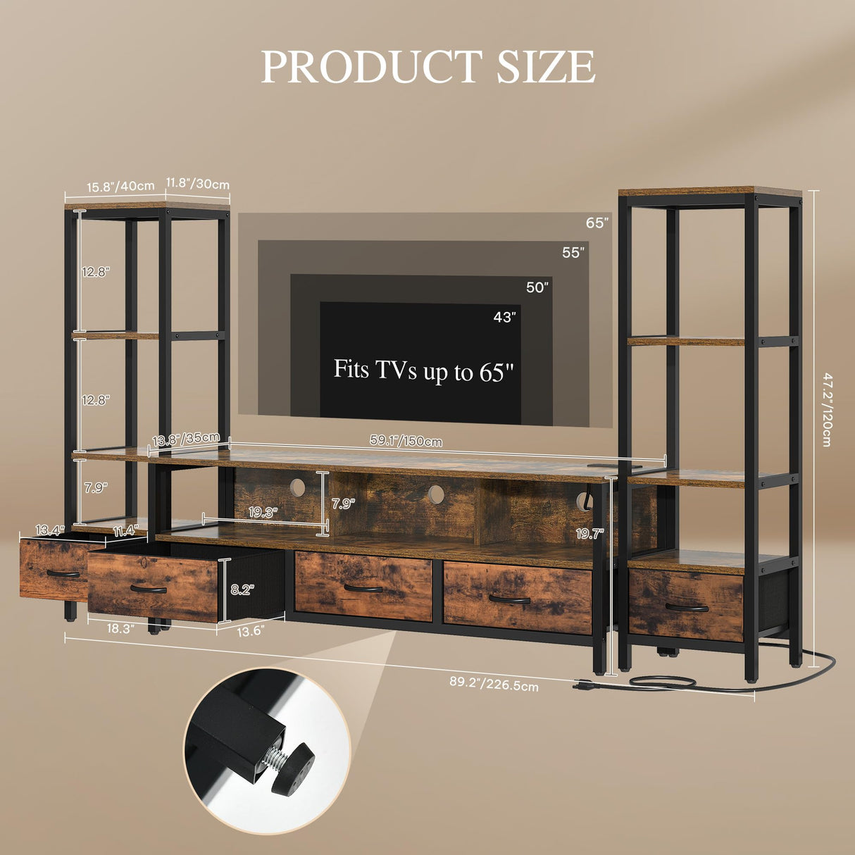 YITAHOME TV Stands for 65 inch TV Entertainment Center with 2 Industrial 4-Tier Bookshelves, LED TV Stands for Living Room, Modern Farmhouse TV Console Cabinet with Power Outlets, Rustic Brown YITAHOME