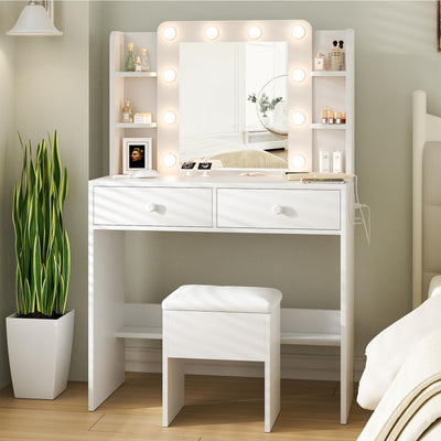 Haewon White Vanity Desk with Mirror, 10 LED Lights and Power Outlets, Makeup Vanity Mirror with 3 Lighting Color Adjustable, Dressing Table Set with Drawers Shelves Storage Chair for Bedroom
