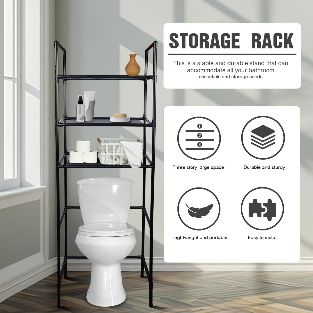 NICECHEF Over The Toilet Storage Shelf, 3 Tier Storage Cabinet Over Toilet, Multifunctional Over The Toilet Rack, Bathroom Organizer Freestanding Toilet Shelf Space Saver (Black) NICECHEF