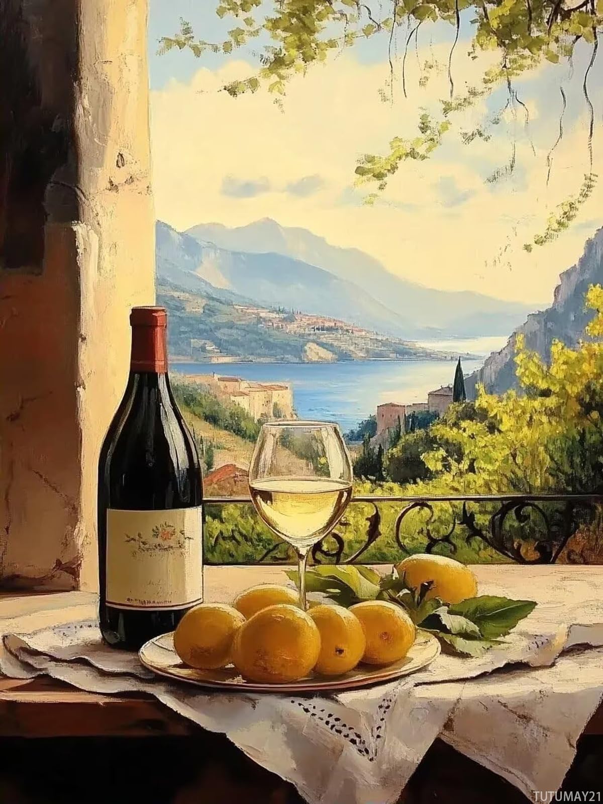 TUTUMAY21 Adult Diamond Painting Art Landscape Kit, Wine and Lemon, Seaside Town 5D Landscape Full Diamond Diamond Painting Arts and Crafts Wall Decoration 12x16 inch TUTUMAY21