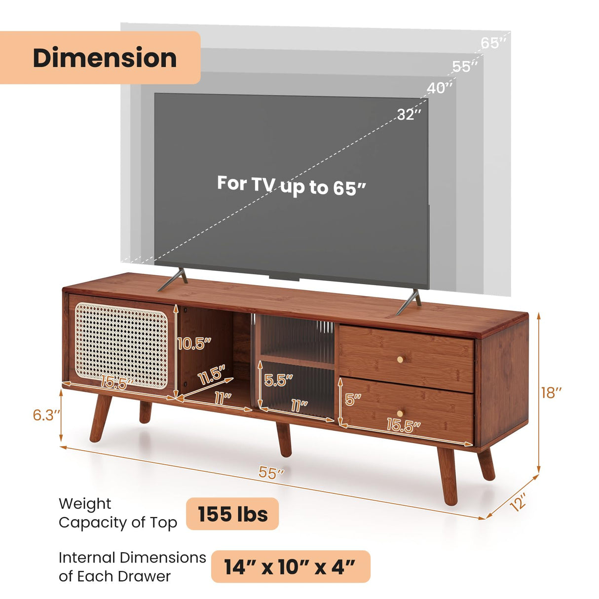 Giantex Bamboo TV Stand for TVs up to 65”, PE Rattan Media Console with Sliding Doors, Drawers & Open Shelves, 5 Solid Wood Legs, 2 Cable Holes, Entertainment Center for Living Room, Bedroom, Walnut Giantex