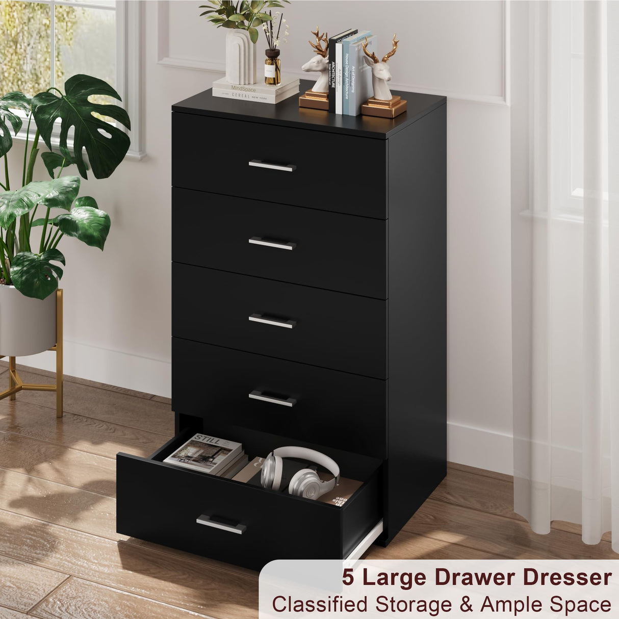 TTVIEW Tall Black Dresser, 5 Drawer Dressers with Large Capacity, Tall Dresser with Metal Handles, Chest of Drawers Cabinet Wood Dressers for Hallway Living Room TTVIEW