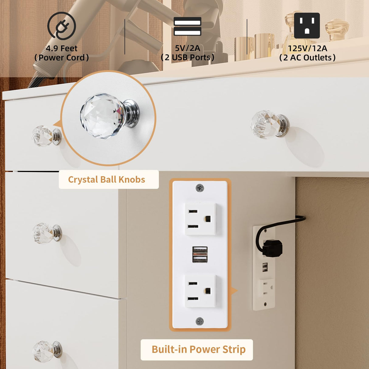 VOWNER Vanity with Lighted Mirror - 47" Glass Top Makeup Vanity Desk with 9 Drawers and Power Outlet, 3 Color Lighting Modes Adjustable Brightness, Makeup Desk with Cushioned Stool for Bedroom, White VOWNER