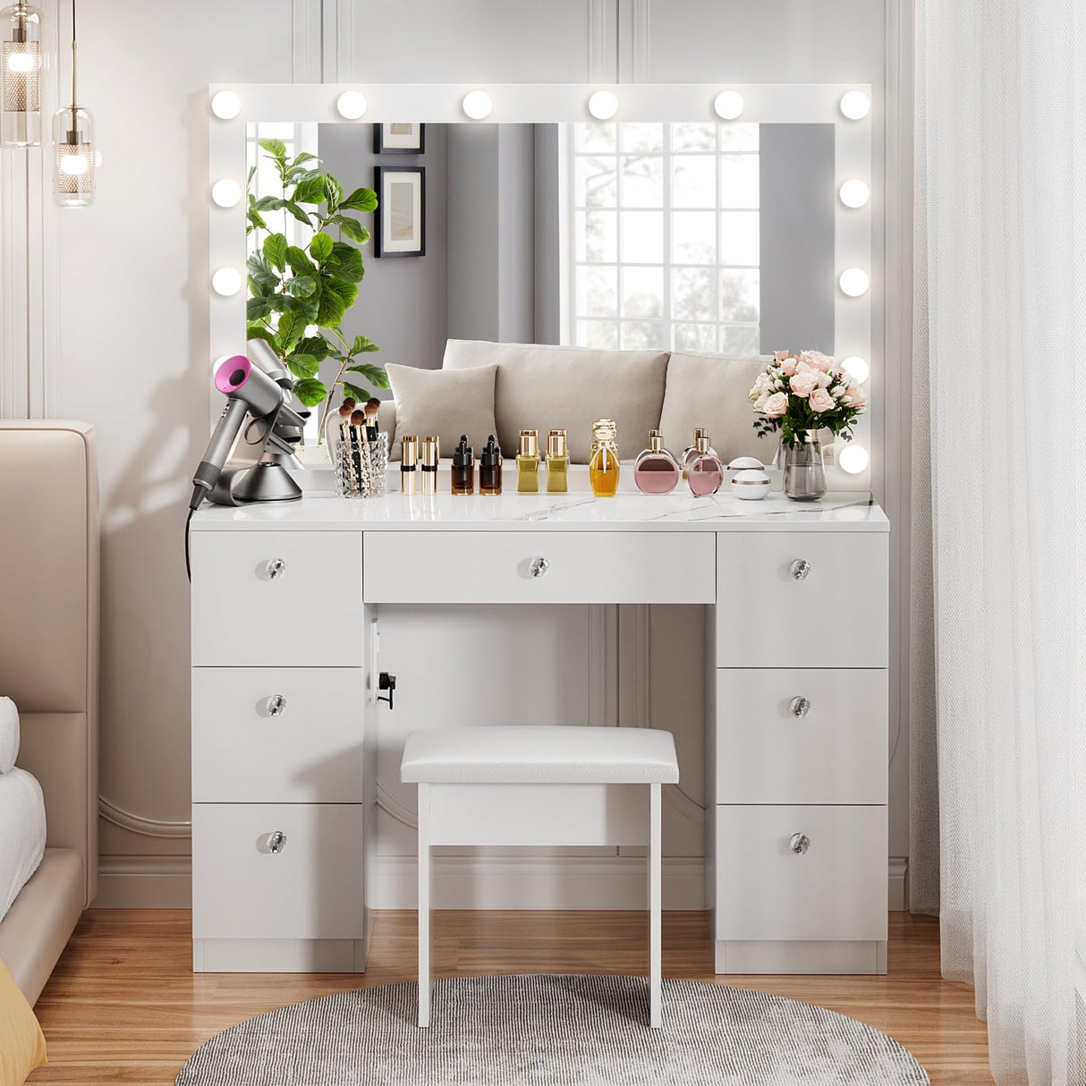 VOWNER Vanity with Lighted Mirror - Makeup Vanity Desk with Power Outlet and 7 Drawers, 3 Color Lighting Modes Adjustable Brightness, 44" Vanity Table with Soft Cushioned Stool for Women Girls, Marble VOWNER