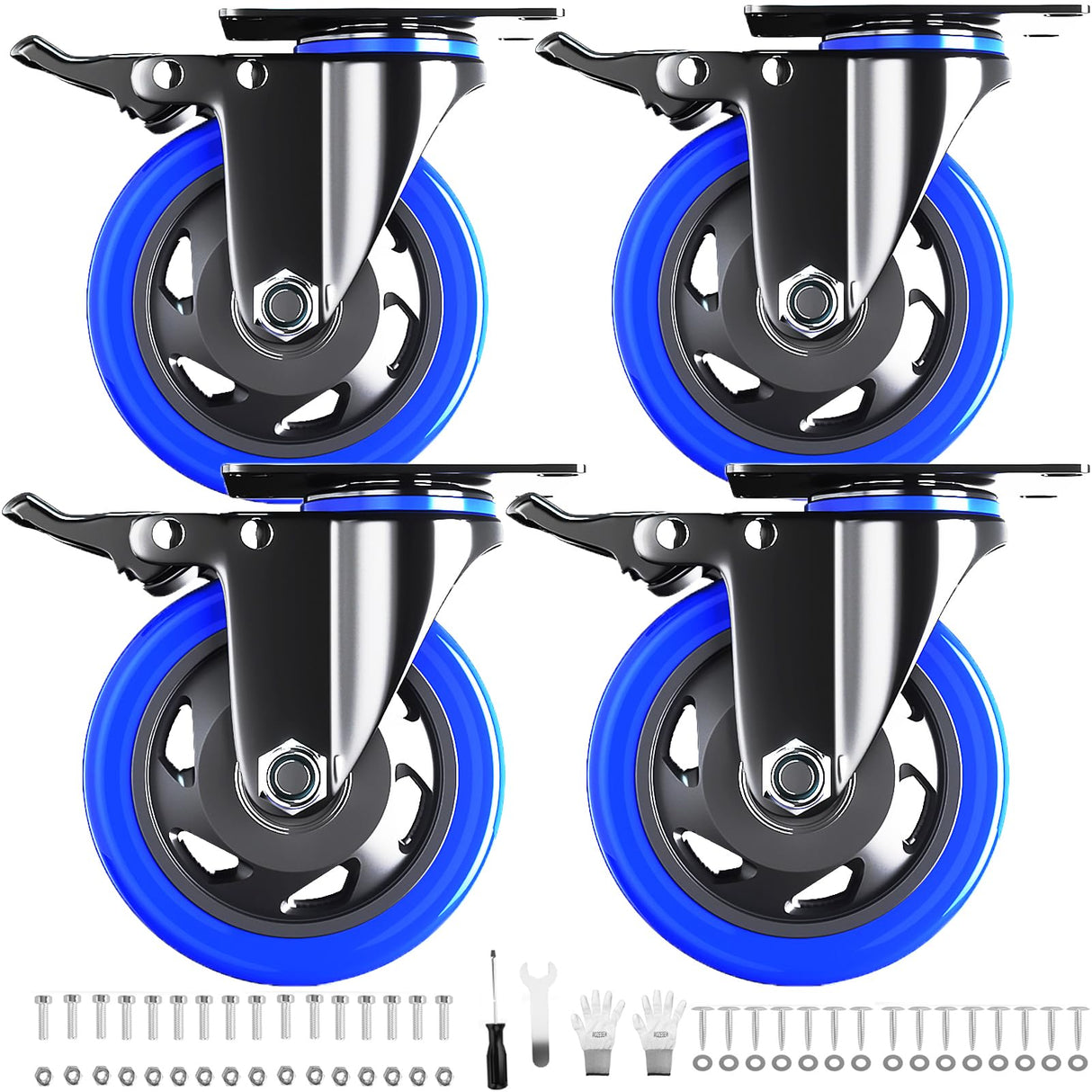 4 Inch Caster Wheels with Brake, Heavy Duty Casters Set of 4, Swivel Top Plate Casters with Double Ball Bearings, Industrial Locking Castor Wheels For Furniture, Workbench, Cabinet(Free Hardware Kits) WOZESEIK