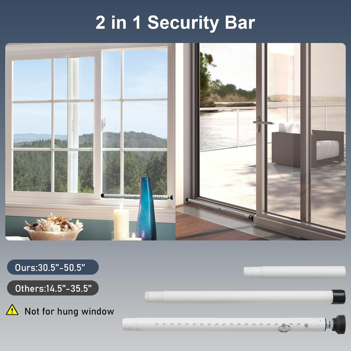 DIIG Sliding Door Security Bar,17.7-50.5inch Adjustable Locking Window Safety Bar with Rubber Tips,Diameter 1inch Window Security Bar for Home Apartment (White) DIIG