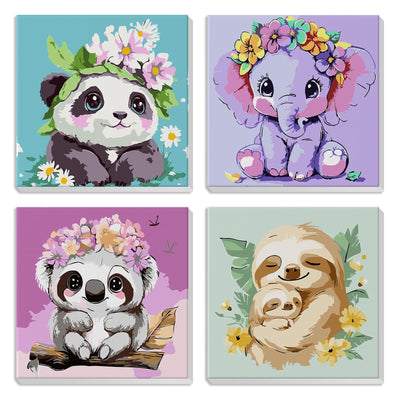 MXJSUA 4 Pack Framed Cute Animals Paint by Numbers for Kids Ages 6-12, Panda Elephant Sloth Koala Paint by Number Kits for Children Beginner, Acrylic Oil Painting for Home Wall Decor (8x8inch)