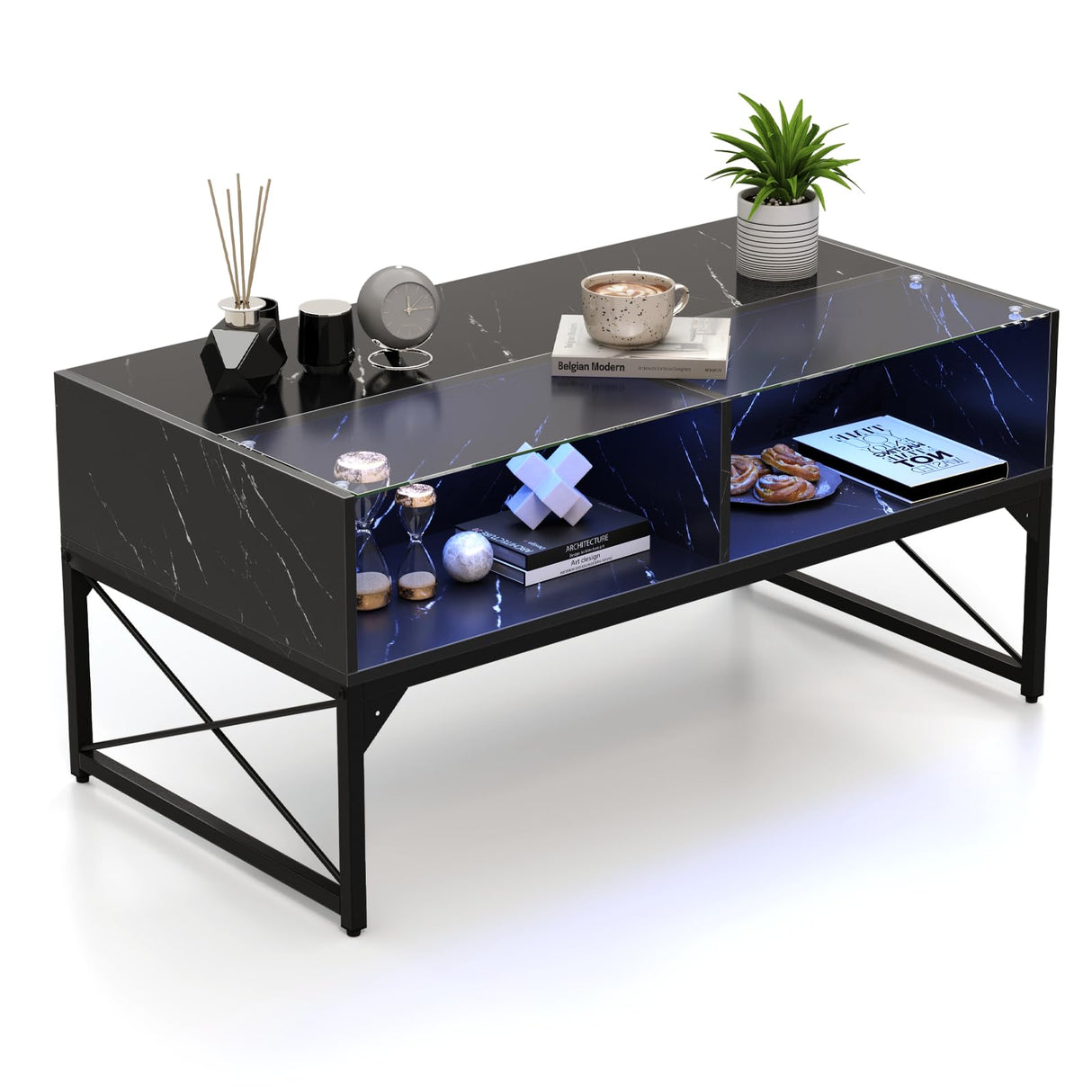 Tangkula LED Coffee Table, High Glossy Center Table with 4 Storage Cubes, Faux Marble & Tempered Glass Top, Adjustable Light Colors, Remote Control, Modern Cocktail Table for Living Room (Black) Tangkula
