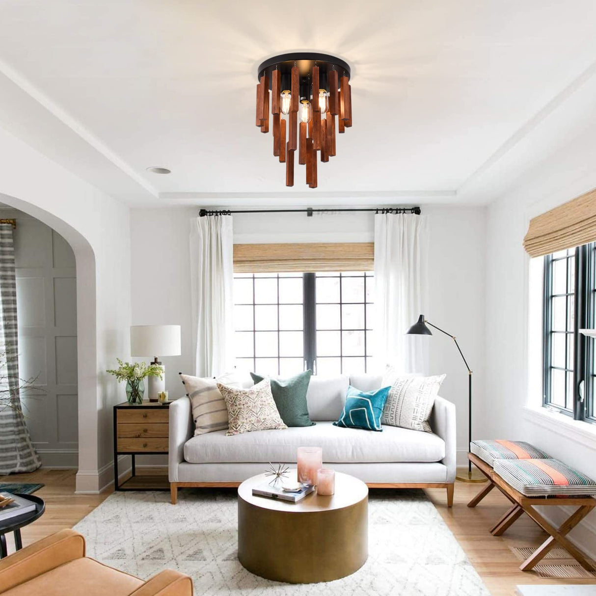 Farmhouse Flush Mount Ceiling Light Fixture, Rustic 3-Light Wood Strip Close to Ceiling Lights,Retro Vintage Red Oak and Black Kitchen Ceiling Lighting for Hallway Bedroom Entryway Living Dining Room Neechicx