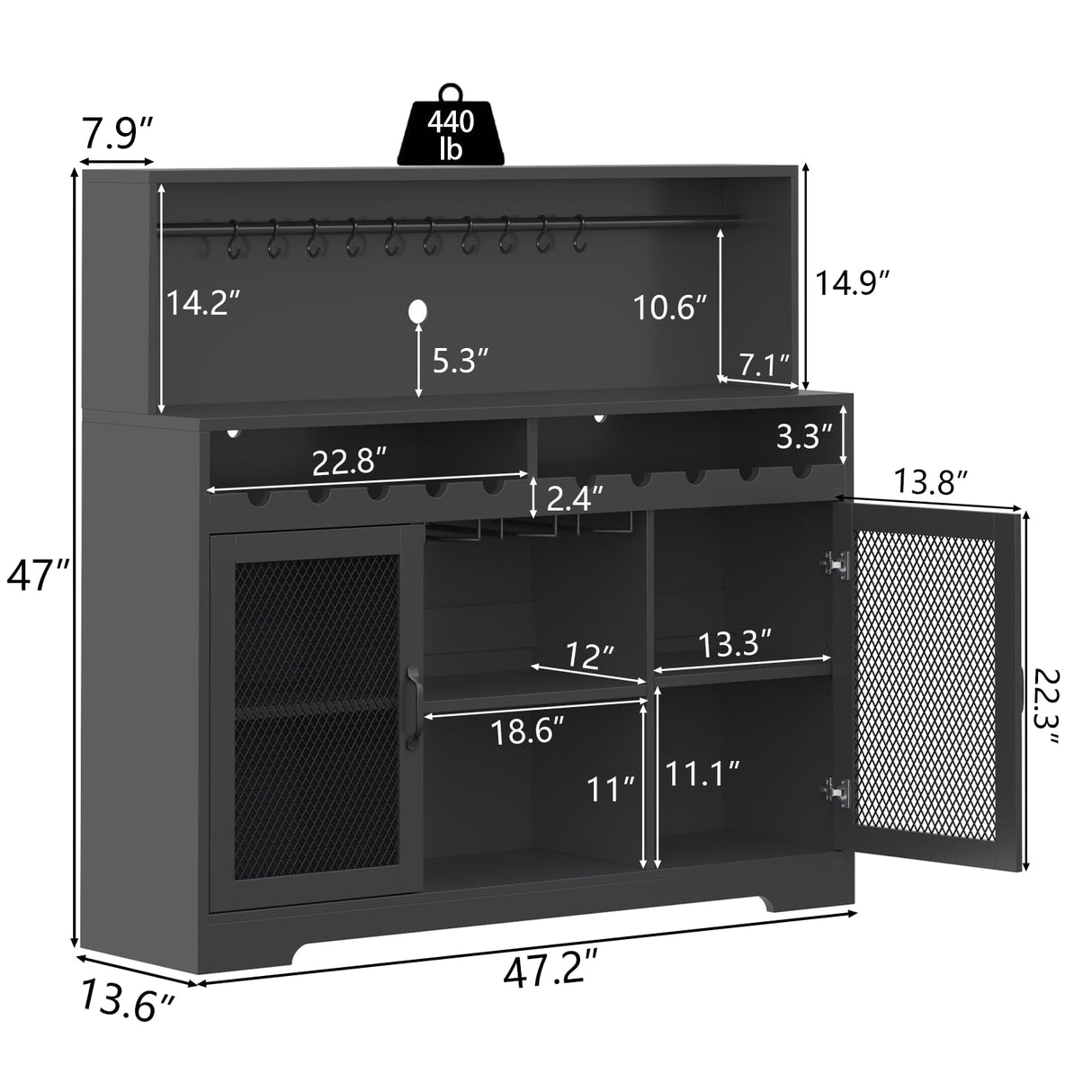 Loomie Wine Bar Cabinet with LED Light, Liquor Cabinet with Glass Holder, Coffee Bar Cabinet for Liquor, Storage Buffet Cabinet with Wine Racks, Wine Cabinet with Mesh Door (Black) Loomie