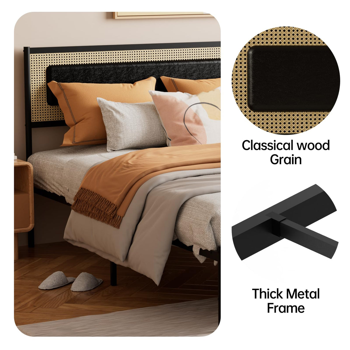 RESLLOWE Rattan Style Bed Frame Full Size Metal Platform Frame with Soft Leather Sponge Wrapping Headboard, Solid and Stable, Noise Free, Suitable for Bedroom RESLLOWE