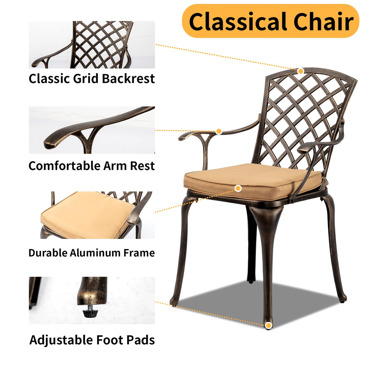 VINGLI 5-Piece Outdoor Patio Dining Set, Cast Aluminum All-Weather Outdoor Table and Chairs w/Cushion, Outdoor Furniture Set w/Umbrella Hole for Backyard Deck Poolside (Square, Grid Back) VINGLI