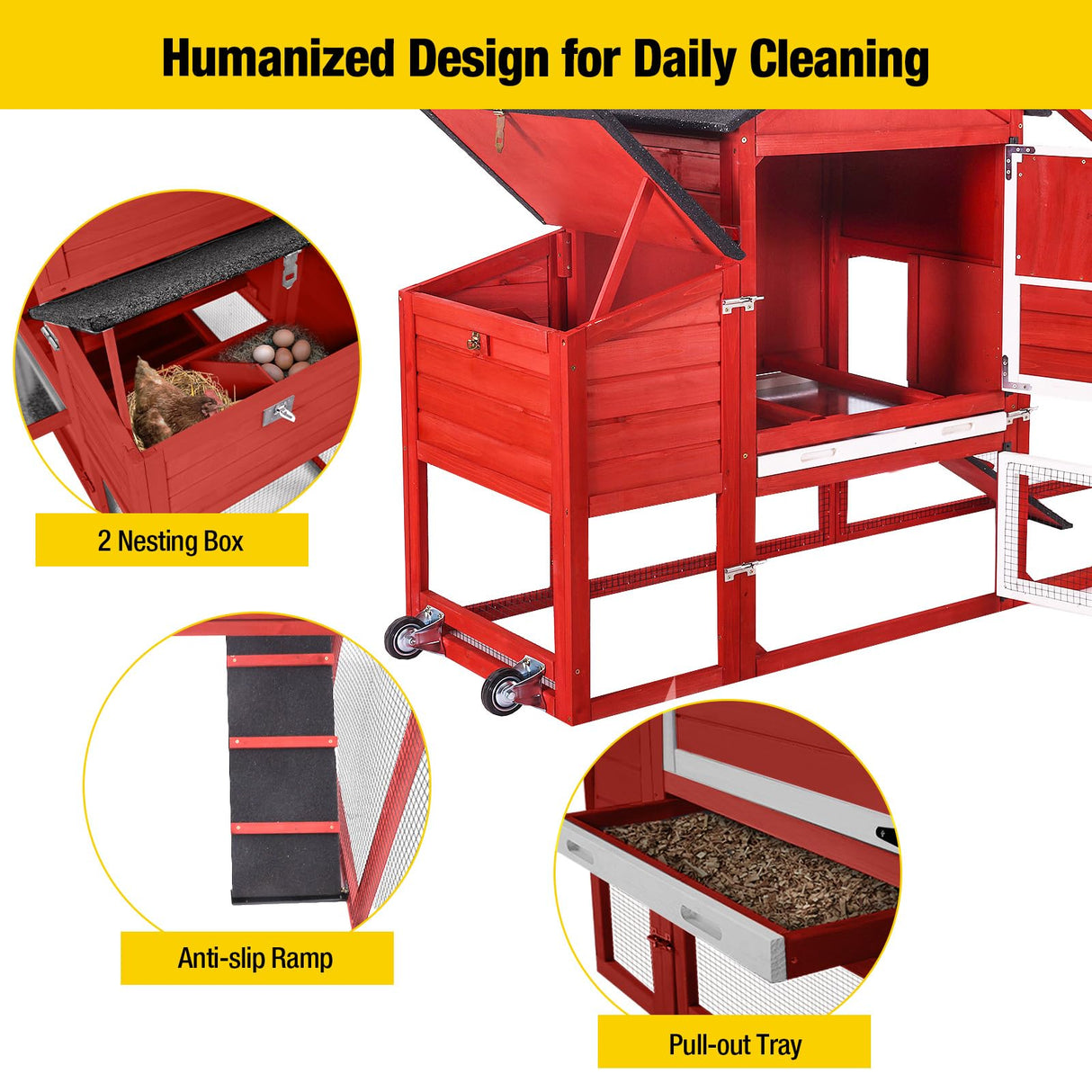 Aivituvin Chicken Coop Expandable Mobile Chicken House for Outdoor with Wheels, Nesting Box, Leakproof Pull-on Tray and UV-Resistant Roof Panel (Red) Aivituvin