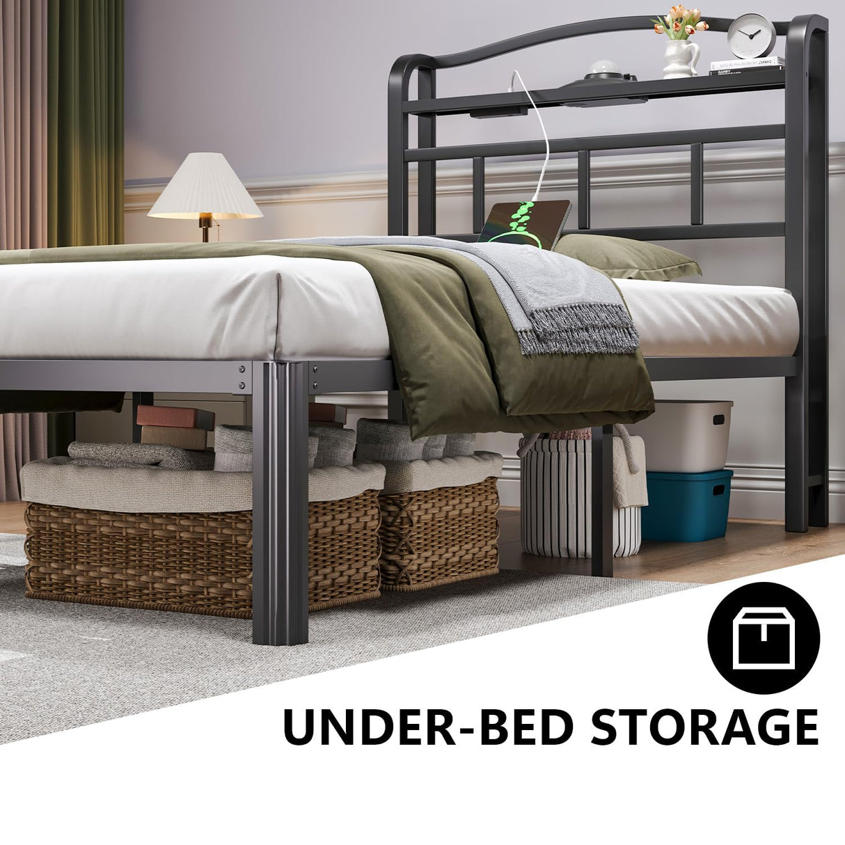 HAVONIZD Twin Size Bed Frame - Storage Headboard with Charging Station & Galaxy Aurora Projector, 14 Inch Sturdy Metal Platform Bed Frame No Box Spring Needed, Easy Assembly, No Noise, Black HAVONIZD