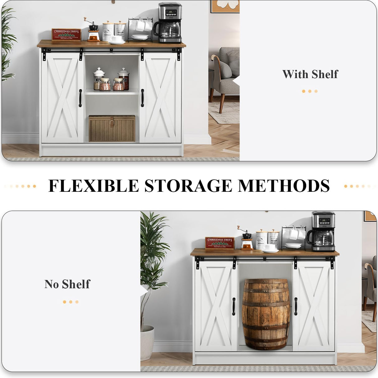 4 EVER WINNER Coffee Bar Cabinet with Sliding Barn Doors, 42” Farmhouse Coffee Station with Adjustable Shelves, Buffet Cabinet with Storage for Dining Room, White 4 EVER WINNER