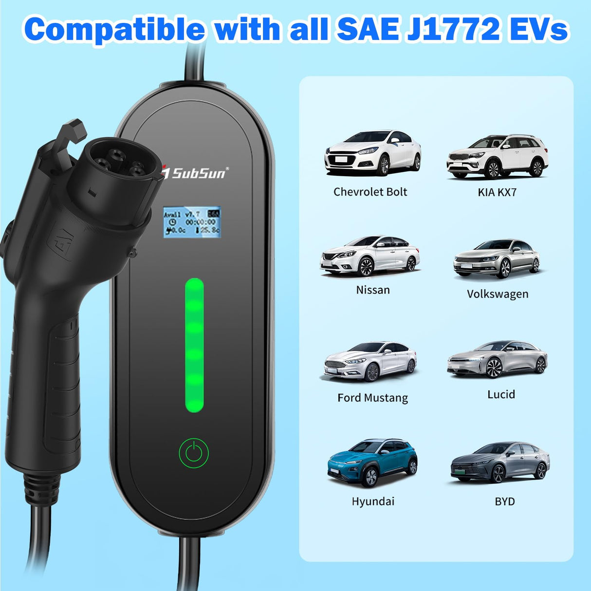 Level 1 & Level 2 EV Charger 16Amp 110-240V,17ft Cable, Portable Electric Vehicle Charger with NEMA5-15P & 6-20 Plug Compatible for SEA J1772 EV Cars for Home and Outdoor (Black) SubSun