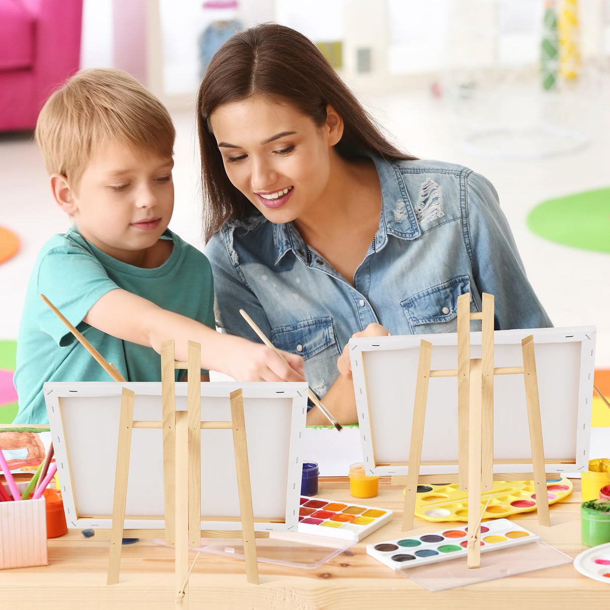 ESRICH 2 Pack 11.8" Wood Easels,Small Tabletop Display Stand,Easel Stand for Painting,Painting Party,Kids Student Tabletop Easels for Painting, Portable Canvas ESRICH