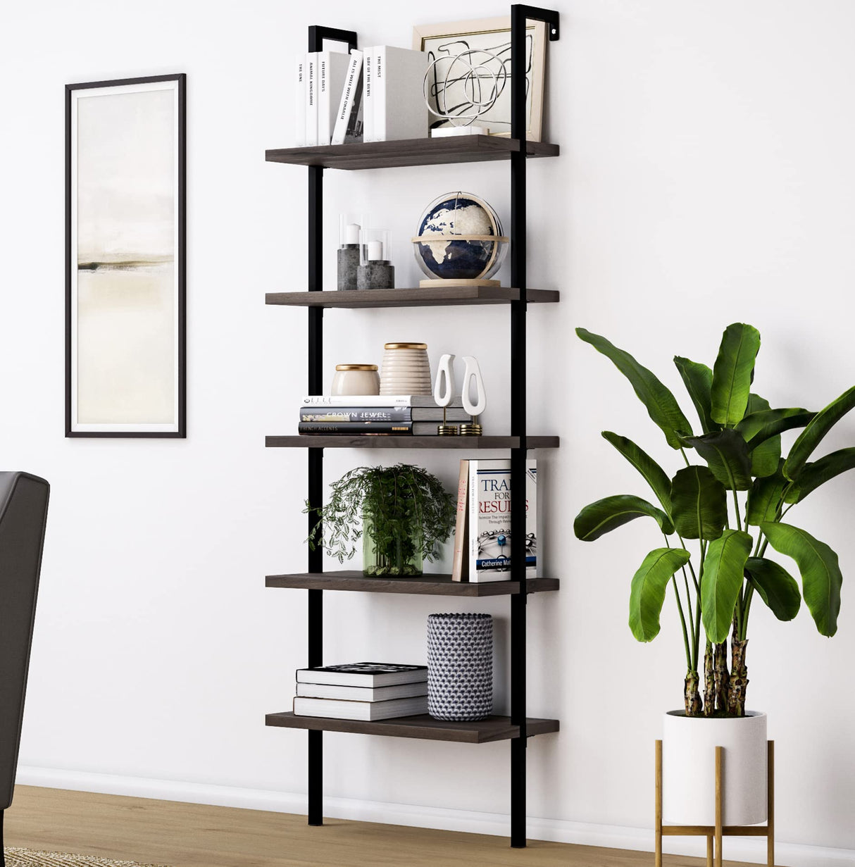 Nathan James Theo 5-Shelf Wood Modern Bookcase, Open Wall Mount Ladder Bookshelf with Industrial Metal Frame, Dark Brown Nutmeg/Black Nathan James