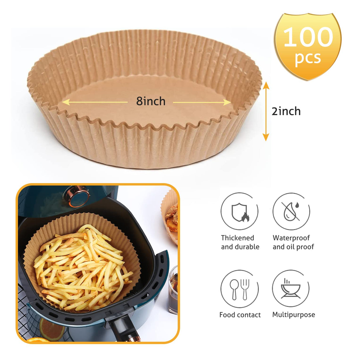 Ailun Air Fryer Paper Liners 8inch, 100PCS Non-Stick Parchment Paper,Oil Resistant,Disposable Food Grade Free of Bleach Paper Round for 5-8 QT Air Fryer Baking Roasting Microwave Ailun