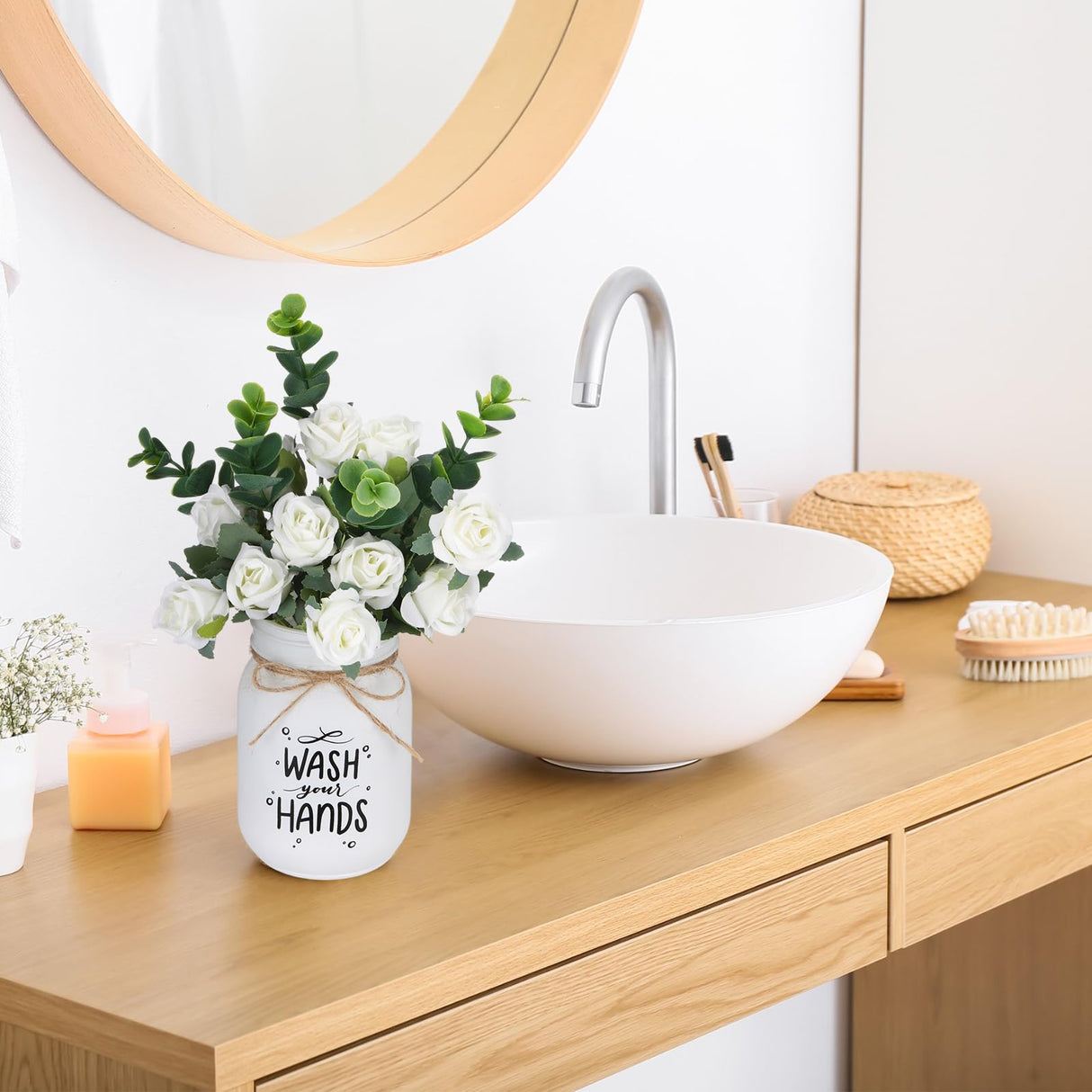 XunYee Farmhouse Bathroom Decor Wash Your Hands Sign Mason Jar with Flowers 16.9 oz White Mason Jar Centerpiece Table Rustic Decor for Restroom Bathroom Shelf Bridal Shower Kitchen XunYee