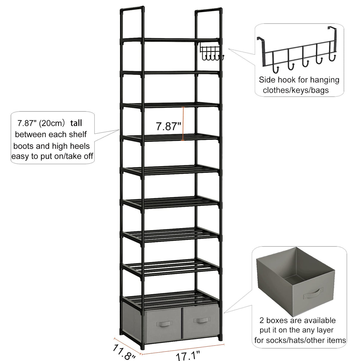 OYREL Tall Shoe Rack Narrow 10 Tier Shoes Rack 20 25 Pairs, Shoe Storage Organizer for Closet, Sturdy Metal Shoe Shelf Shoe Stand with 2 Boxes 1 Hook OYREL