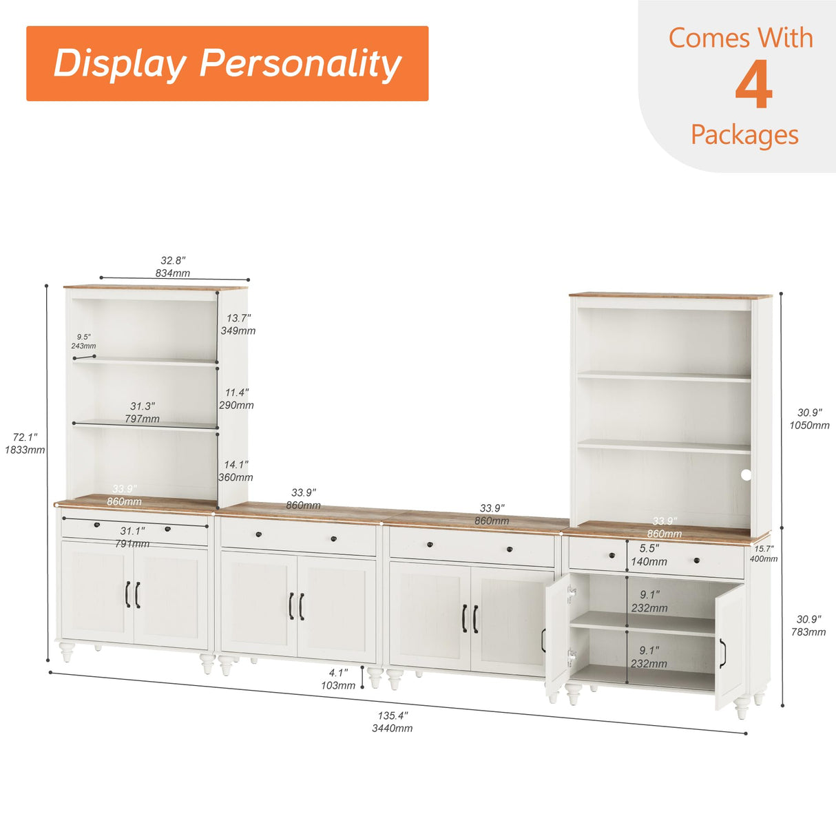 WAMPAT Entertainment Center with Bookshelves for TVs up to 75", Farmhouse Wall Unit TV Stand with 8 Doors & 4 Drawer, Media Console Table for Living Room, Bedroom & Home Theater, Off White WAMPAT