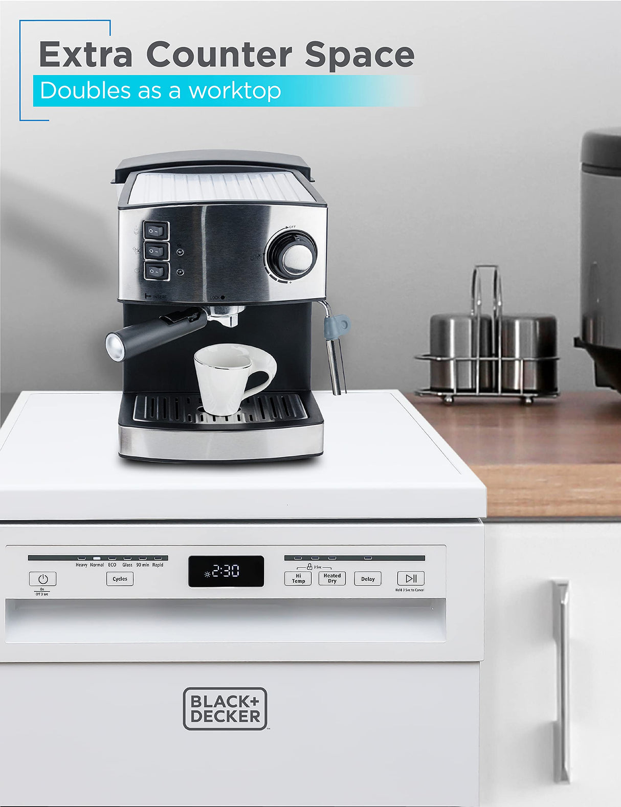 BLACK+DECKER 18” Portable Dishwasher, Compact Dish Washer with 8-Place Setting Capacity, Stainless Steel Tub, 6 Wash Programs, Worktop Space, Mobile Dishwasher with Casters, Faucet Connect, White BLACK+DECKER