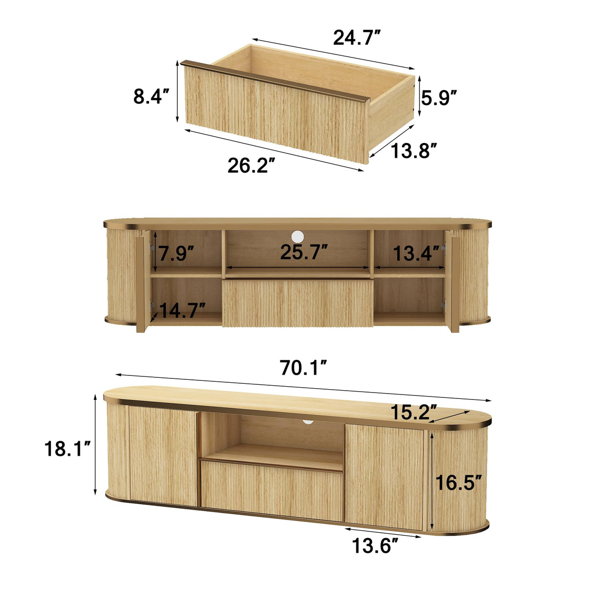 AIEGLE Farmhouse TV Stand with Fluted Surface, Entertainment Center Console Table with Open Storage & 2 Doors, 70" Wood Grain Media TV Console Cabinet for Living Room, Natural AIEGLE