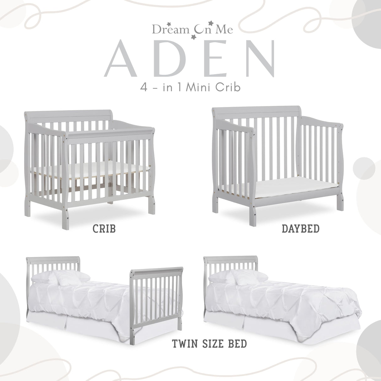 Dream On Me Aden 4-in-1 Convertible Mini Crib In Grey, Greenguard Gold Certified, Non-Toxic Finish, New Zealand Pinewood, With 3 Mattress Height Settings Dream On Me