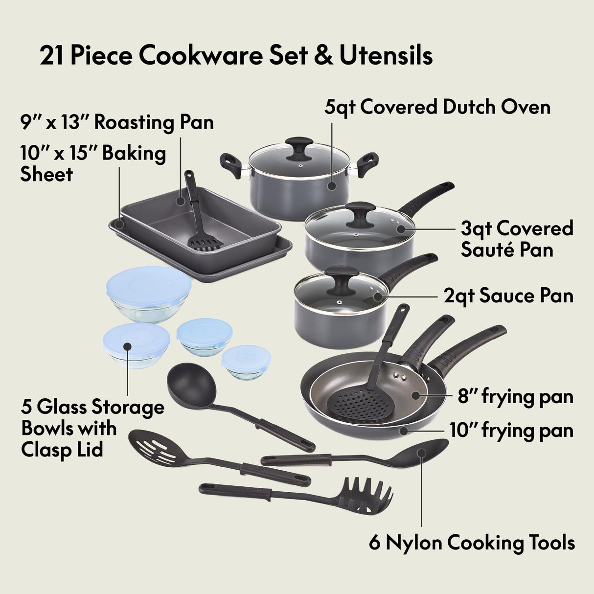 BELLA Nonstick Cookware Set with Glass Lids - Aluminum Bakeware, Pots and Pans, Storage Bowls & Utensils, Compatible with All Stovetops, 21 Piece, Black BELLA