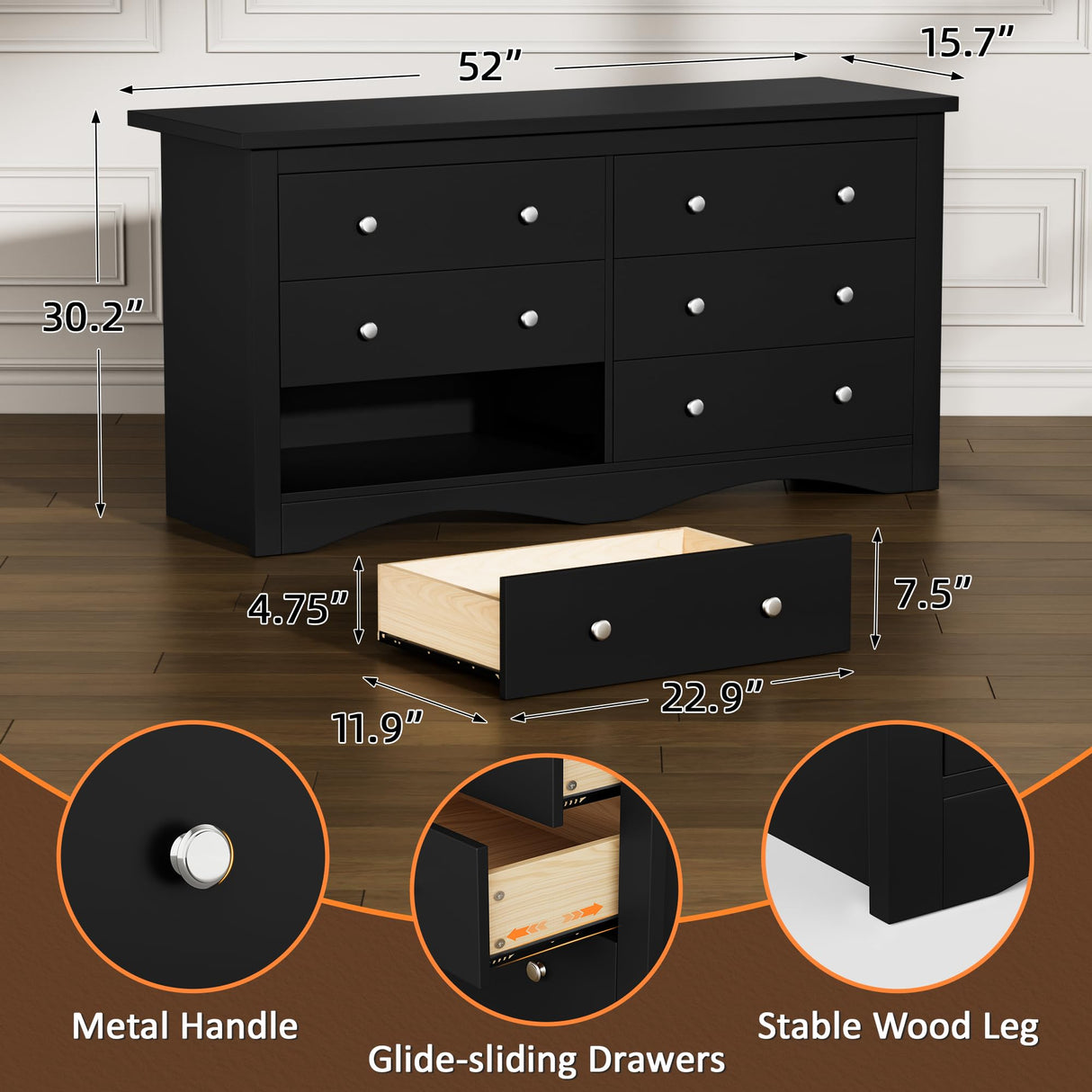 Flamaker Dresser for Bedroom, 6 Drawer Dresser, Wood Dressers, Wide Chest of Drawer, Storage Drawers, Storage Organizer for Closet, Hallway (Black) Flamaker