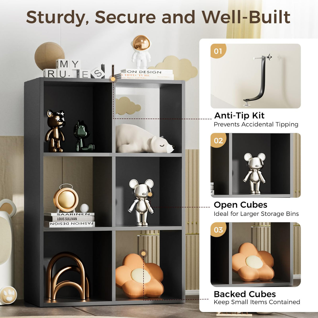 COMHOMA 6 Wood Cube Storage Organizer with Open Back and Removable Back Panels, 11In Black Cube Storage Bookshelf, Cubicle Shelf Bookcase for Home Office Bedroom Living Room, Vertical or Horizontal COMHOMA