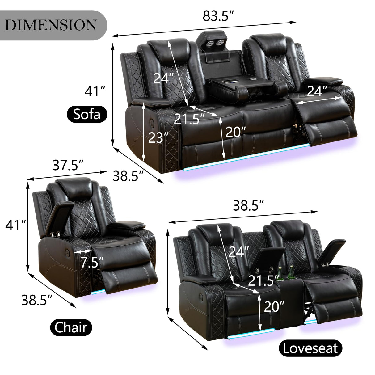 JBXBER Power Recliner Sofa Set for Living Room, Leather Reclining Sofa Sets with Storage Console, Living Room Furniture Sets with LED Lights(Sofa and loveseat,Black) JBXBER