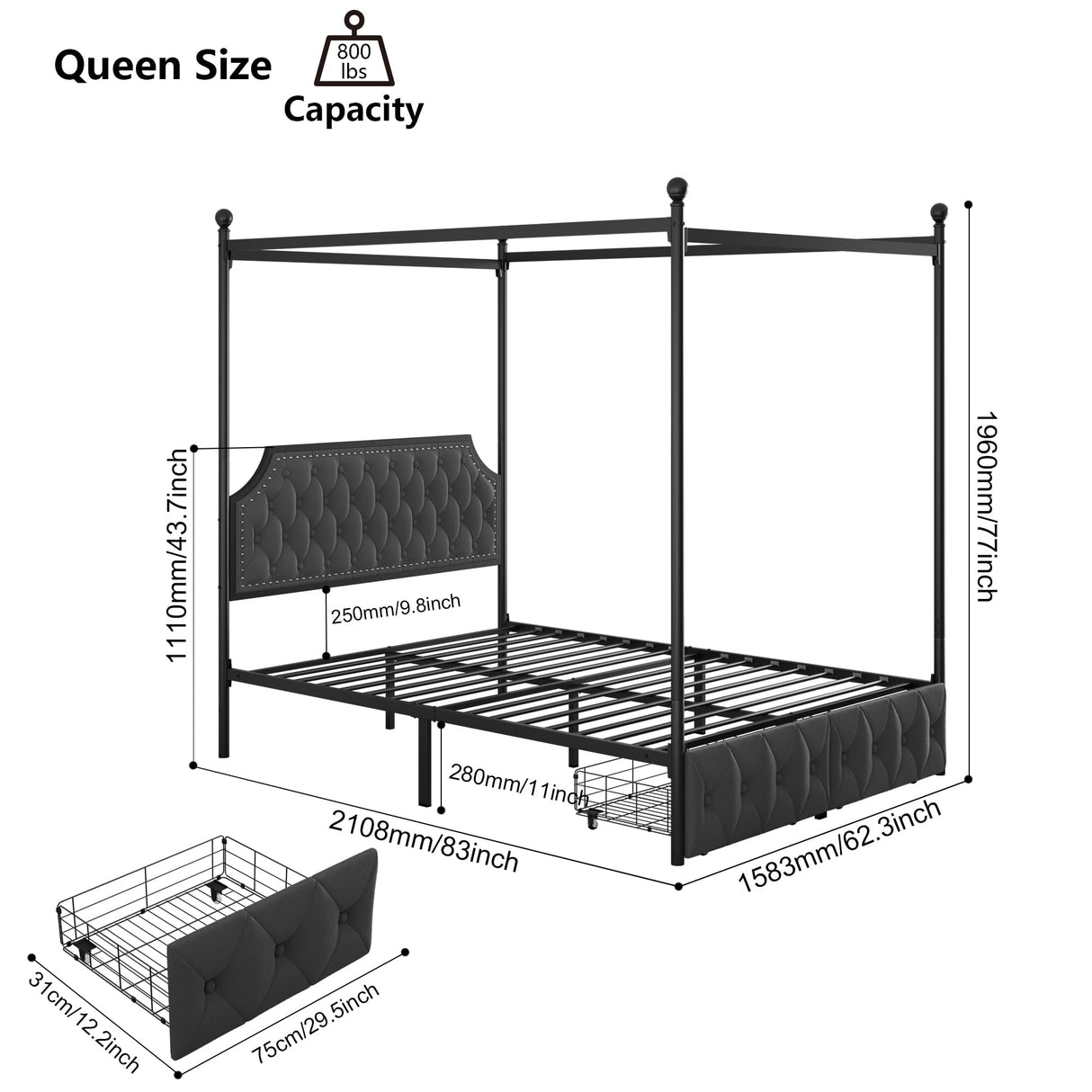 Keyluv Queen Upholstered Canopy Bed Frame with 2 Drawer and Button Tufted Headboard Metal Platform Bed with 4 Removable Posts Two-Purpose Velvet Bed No Box Spring Needed Dark Grey/Curtain Not Included Keyluv