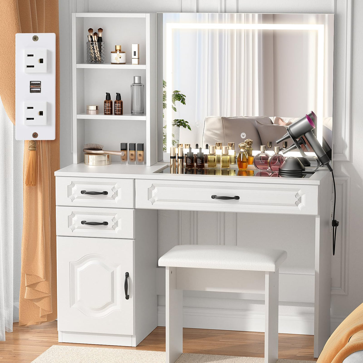 VOWNER Vanity with Lighted Mirror - Makeup Vanity Desk with Glass Top, Power Strip, Drawers and Shelves, 3 Color Lighting Modes Adjustable Brightness, Vanity Table with Cushioned Stool, 45'' L VOWNER