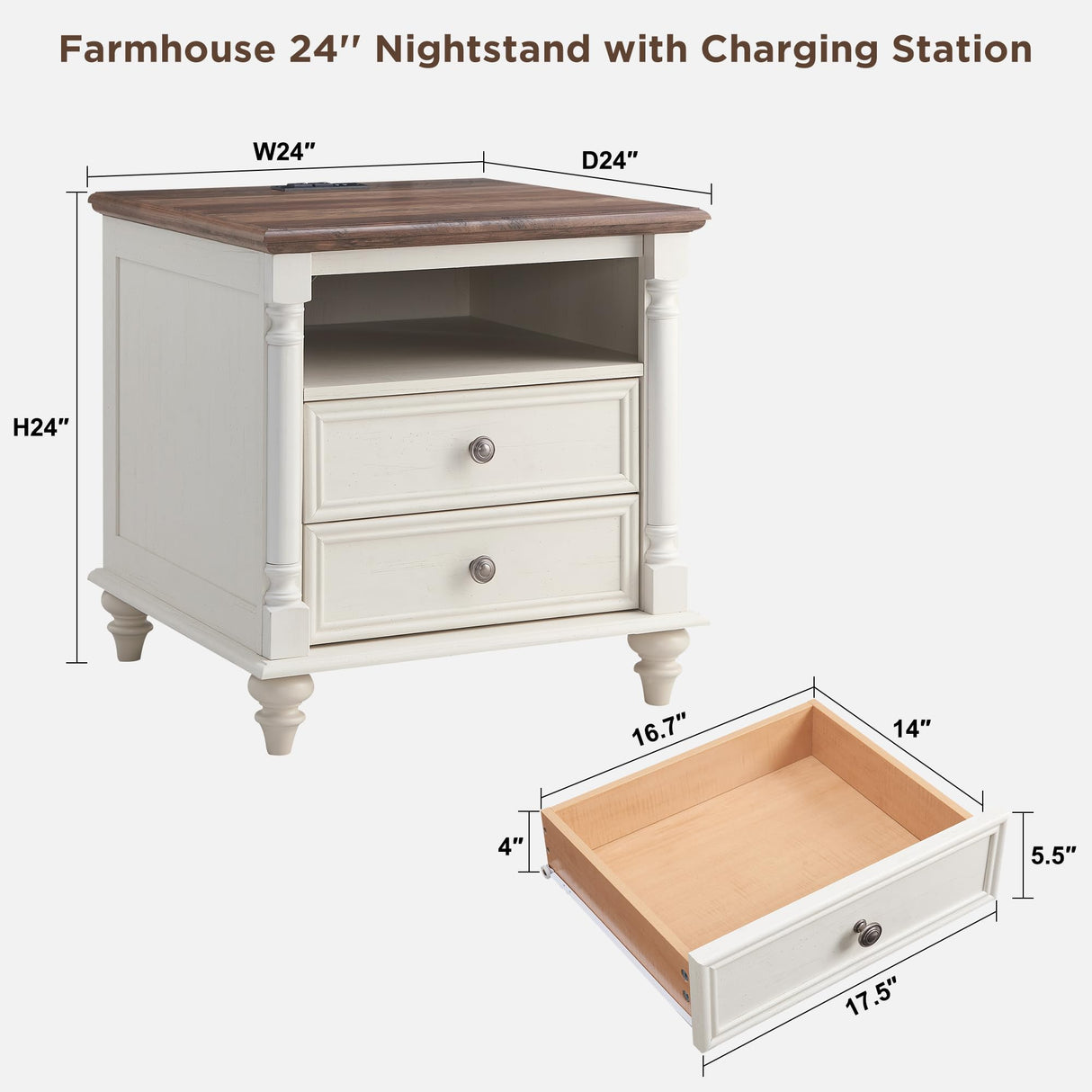 T4TREAM 24'' Farmhouse End Table w/4 Solid Wood Feet, Large 2 Drawers Wide Sofa Side Table with Charging Station, Tall Rustic Wood Square Nightstand for Living Room, Bedroom, Office, Antique White T4TREAM