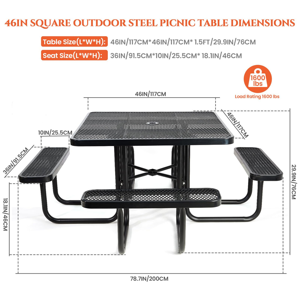 47'' Heavy-Duty Metal Picnic Tables with Umbrella Hole, Outdoor Steel Heavy Duty Commercial Grade Black Table, Outdoor Bench Set for Lawn, Patio, Park, Yard, Garden, Porch (Set A, Square) Yorkgargen