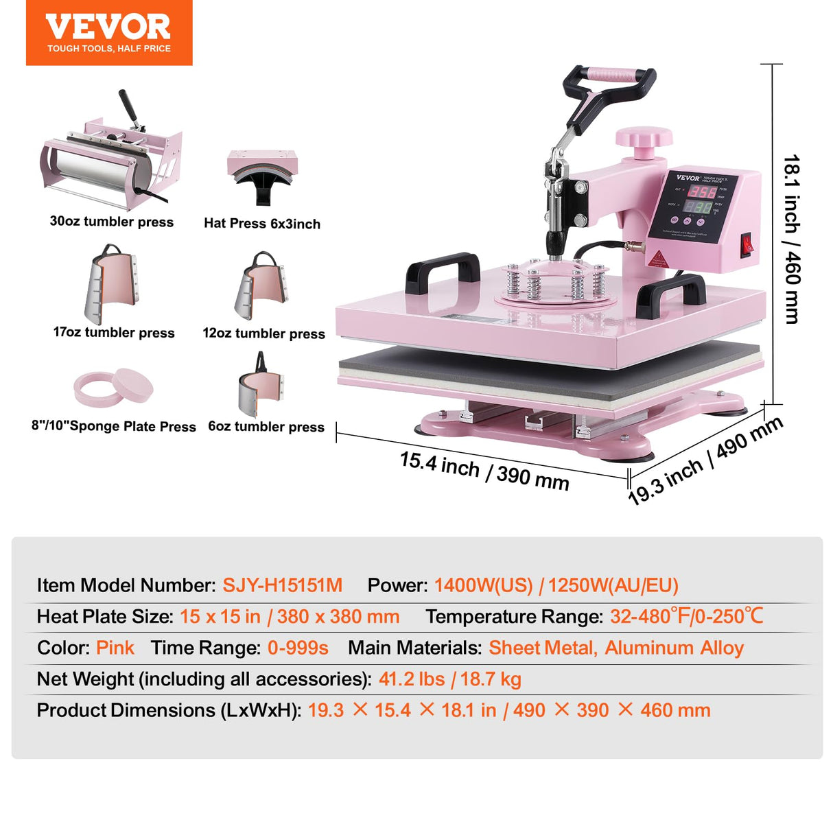 VEVOR 15x15 Heat Press Machine 8 in 1 Combo with 30 OZ Tumbler Press & Hat Press, Slide Out Heat Press Sublimation Machine for T-Shirts, Hats Caps Tumblers Glass Cans Mugs, and Plates (Light Pink) VEVOR