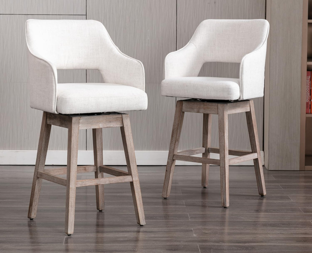 Kmax 28" Fabric Counter Height Bar Stools Swivel Farmhouse Bar Stools with Wood Legs Open Back Footrest for Kitchen Island, Set of 2- Cream Kmax