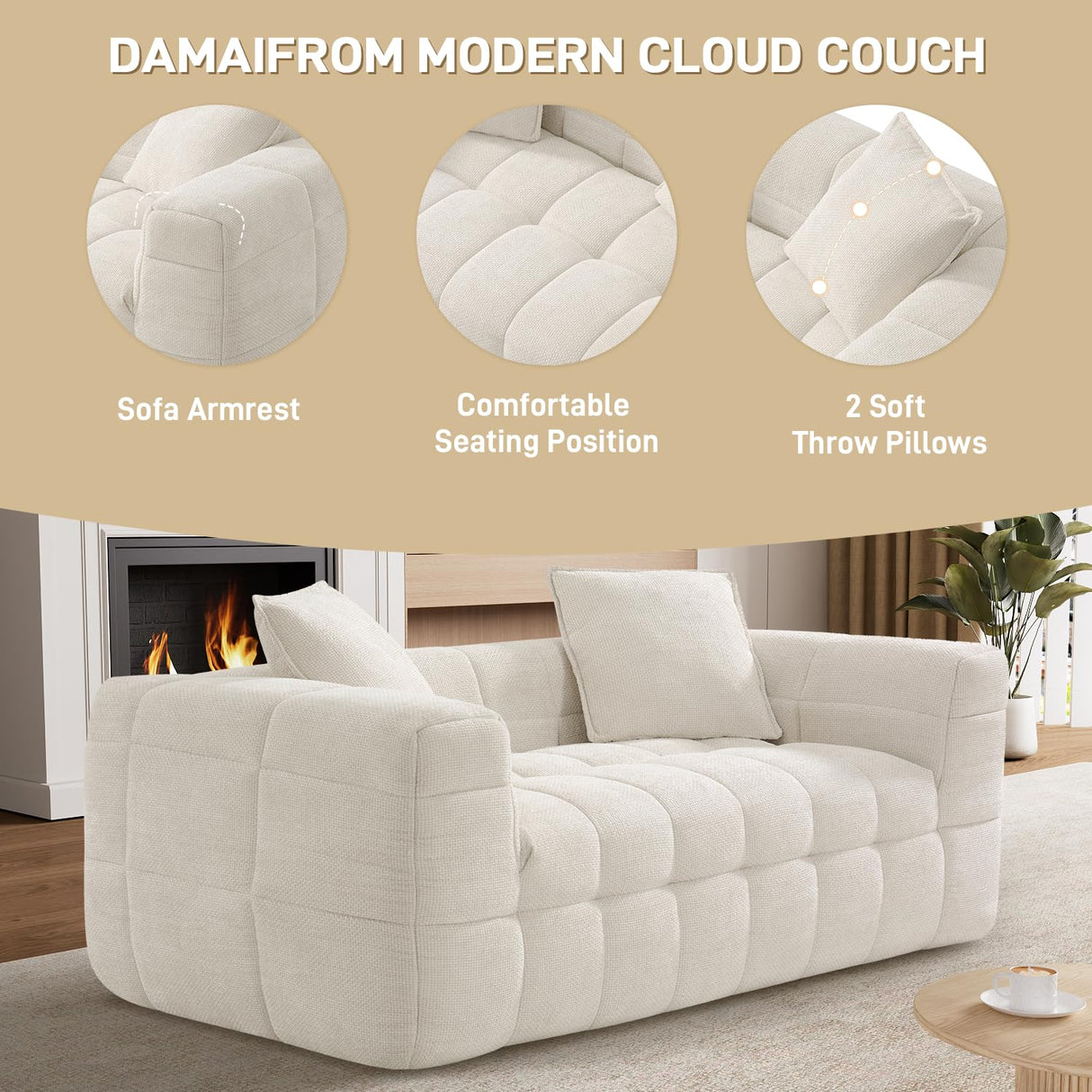 DAMAIFROM 66.5" Chenille Cloud Sofa Couch with 2 Soft Pillows, Comfy Upholstered Chenille 2 Seater LoveSeat Sofa, Modern Deep Seat Sherpa Cloud Couch, Oversized Love Seat for Living Room, Beige White DAMAIFROM