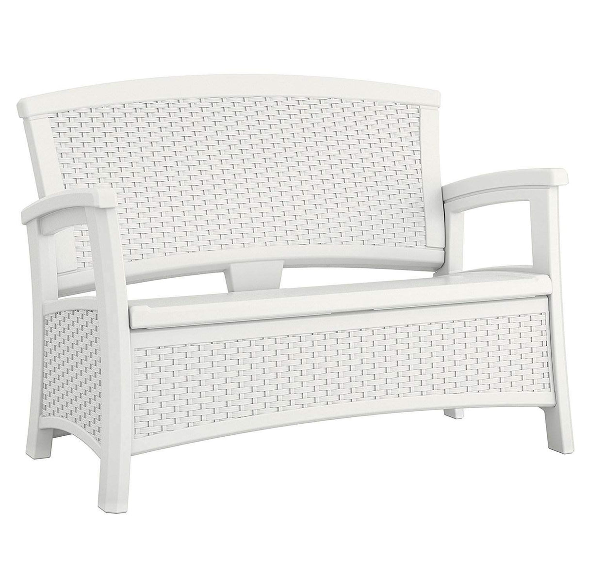 Suncast Elements Stylish Lightweight Loveseat Outdoor Seating with Convenient Built In Universal Storage, and All Weather Plastic, White Suncast