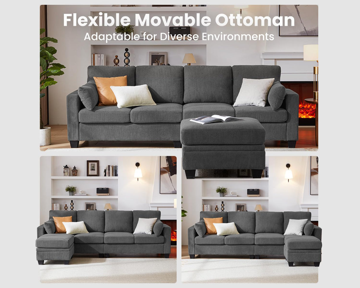 CHIC HOUSE Corduroy Modular Sectional Couch with Ottoman Chaise, L/U Shaped Sleeper Sofa for Living Room, Apartment, Lounge, Modern Armrest Neck Support Furniture (5 Seater Sectional, Dark Grey) CHIC HOUSE