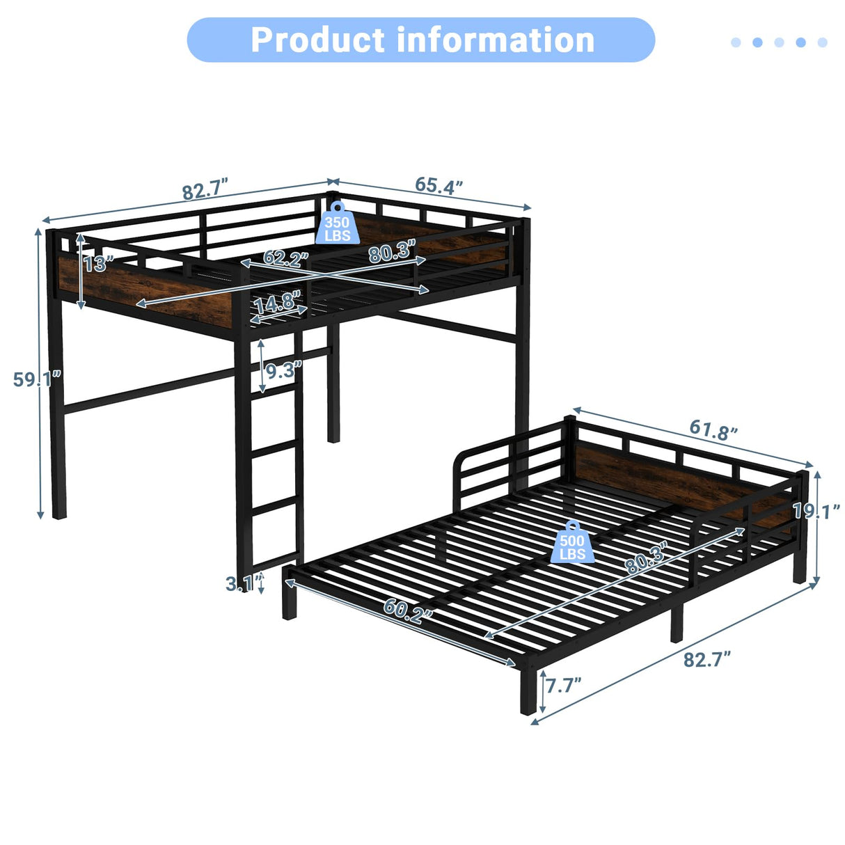 HKOLIE Queen Over Queen Bunk Bed, Convertible Metal Bunk Beds Can Separate into Loft Bed and Platform Bed, Heavy Duty Noise-Free Bed Frame with Safety Rails for Adults Teens Kids, Black HKOLIE