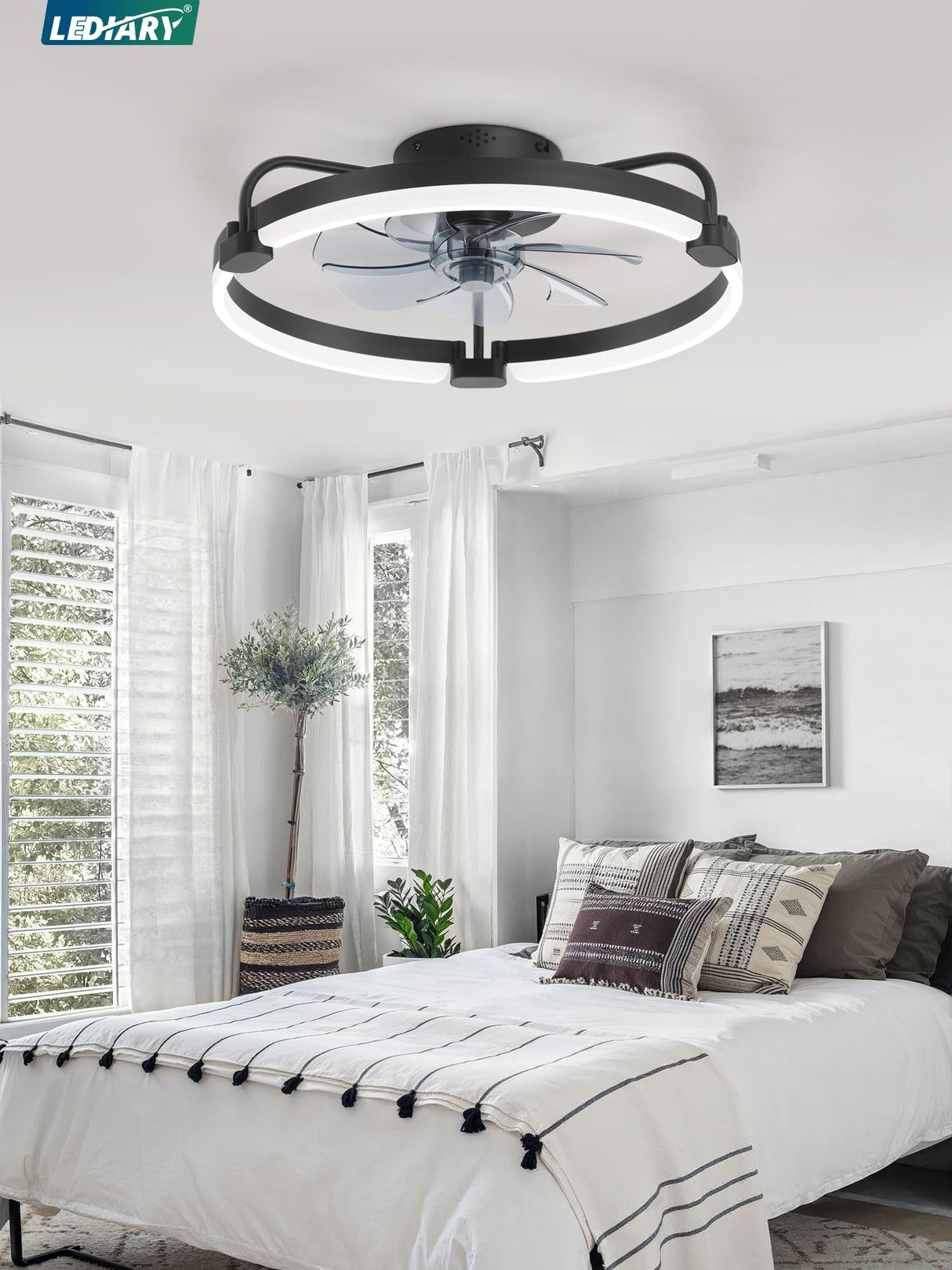 LEDIARY Ceiling Fans with Lights and Remote, 20'' Low Profile Ceiling Fan with Light, 3000-6000K Dimmable Fandelier LED Fan Light, 6 Wind Speeds, Black Modern Flush Mount Ceiling Fan for Bedroom LEDIARY