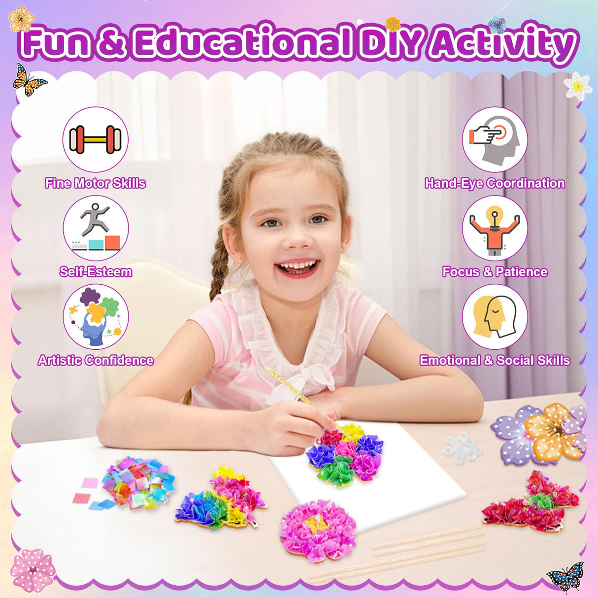 Poke Art Flower Bouquet Craft Kit - DIY Creative Activity Toy with 8 Flowers & 2 Butterflies, Wooden Arts and Crafts for Kids Ages 4 5 6 7 8+, DIY Creative Christmas Gift Kit for Girls Ages 4-12 GFLLFG