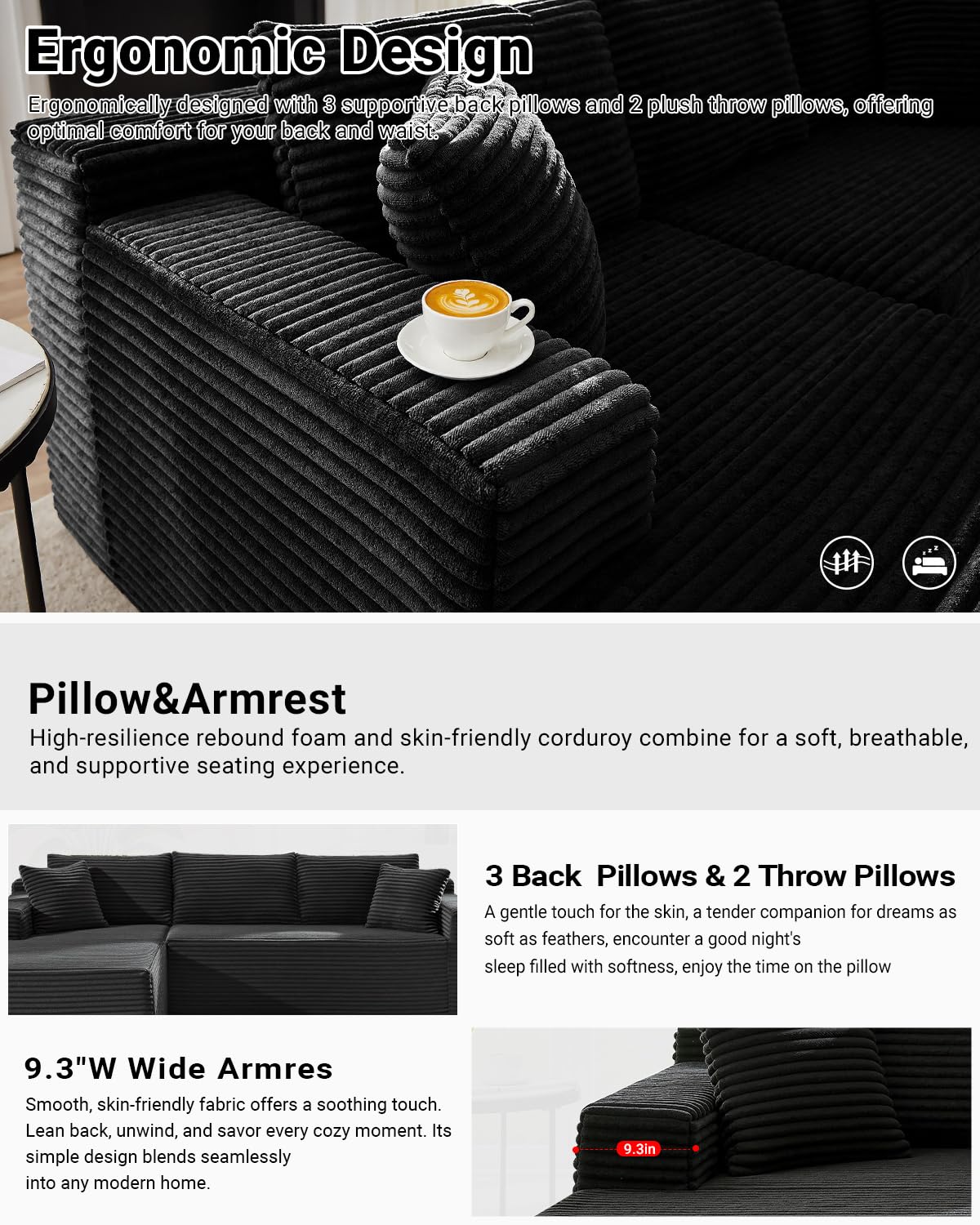 105 Inch Cloud Sectional Couch,Modern Modular Sectional Sofa with Deep Seat,Corduroy Boneless Couches with L-Shape Chaise for Living Room Bedroom,No Assembly Required (Black, Left Facing Chaise) HANXIN