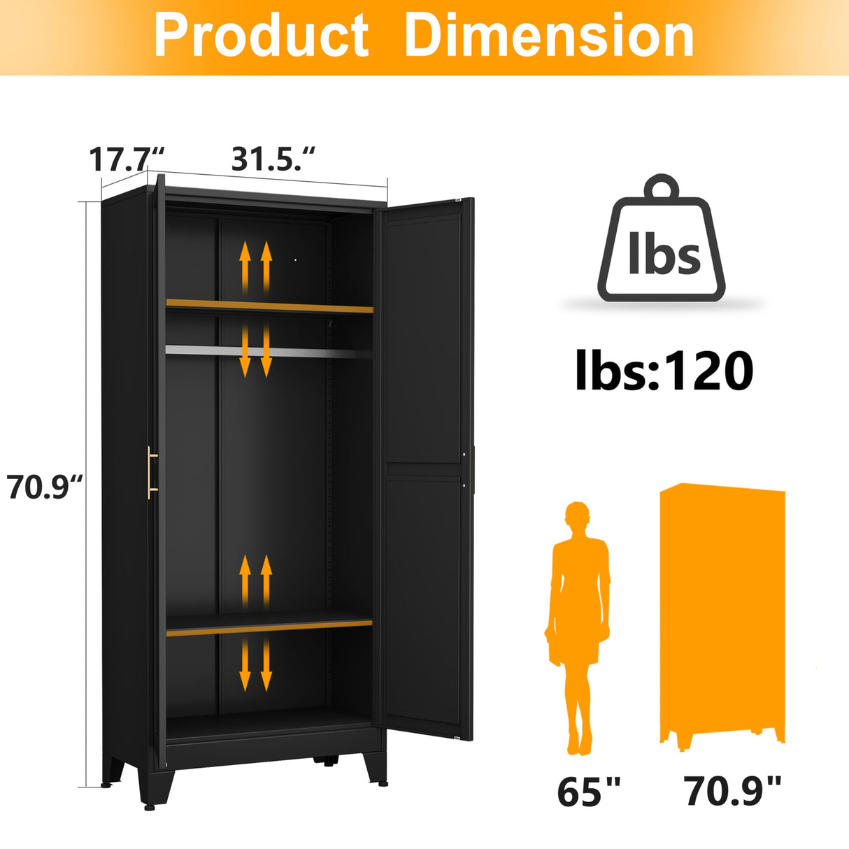 71" H Metal Armoire Wardrobe Closet, Adjustable Shelve, Clothes Drying Pole, Steel Wardrobe Cabinet for Bedroom (Black) Ckzbx