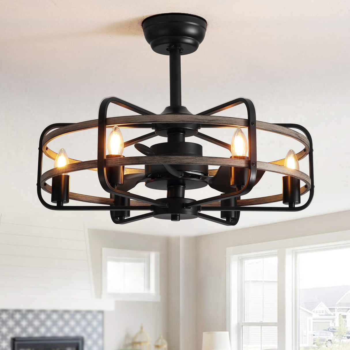 NOXARTE Cage Ceiling Fan with Light, Vintage Fandelier Remote Control, Bladess Industrial Chandelier Ceiling Fan Reverse Motor for Living Dining Room Bedroom Dia 25 Inch NOXARTE